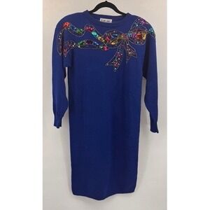 Vintage Plain Jane Womens Blue Sequin Bow Sweater Dress MEDIUM Retro Holiday